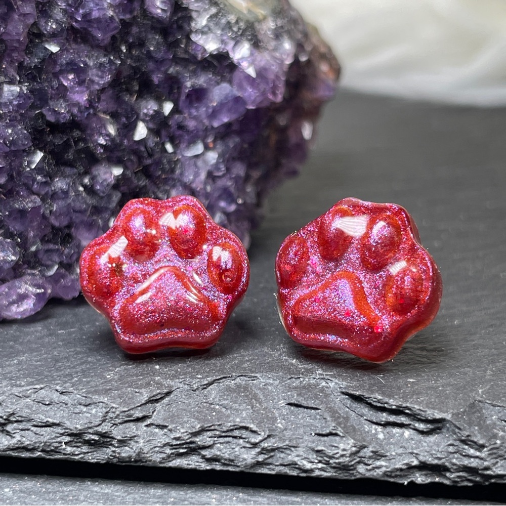2/$18 Hot Pink And Shimmery Purple Paw Print Stud Earrings